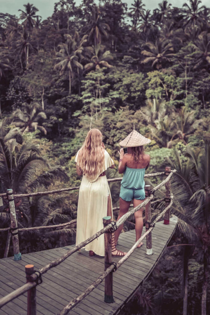 Autralian women tourists ovrlooking jungle in bali