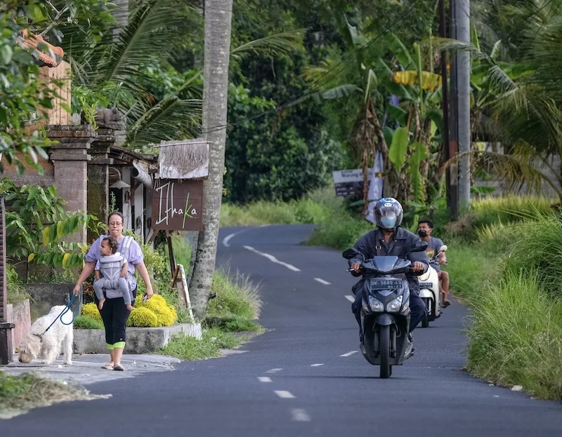 bikers facemasks and expat walking dog