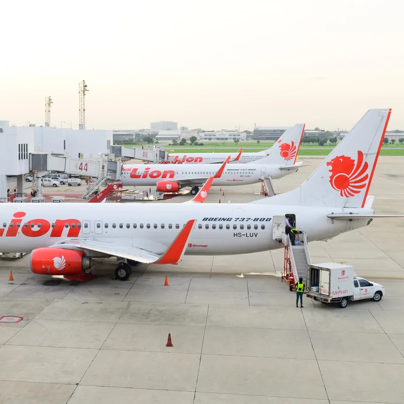 Group of Thai Lion air airplane parking at Don Mueang airport