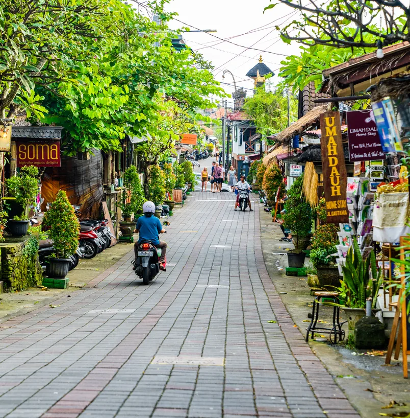 Tourists strolling along the central street of Ubud. Ubud is the cultural heart of Bali. It's full of restaurants, yoga studios, spa’s and shops. This traditional country town is home to one of Bali's royal families.