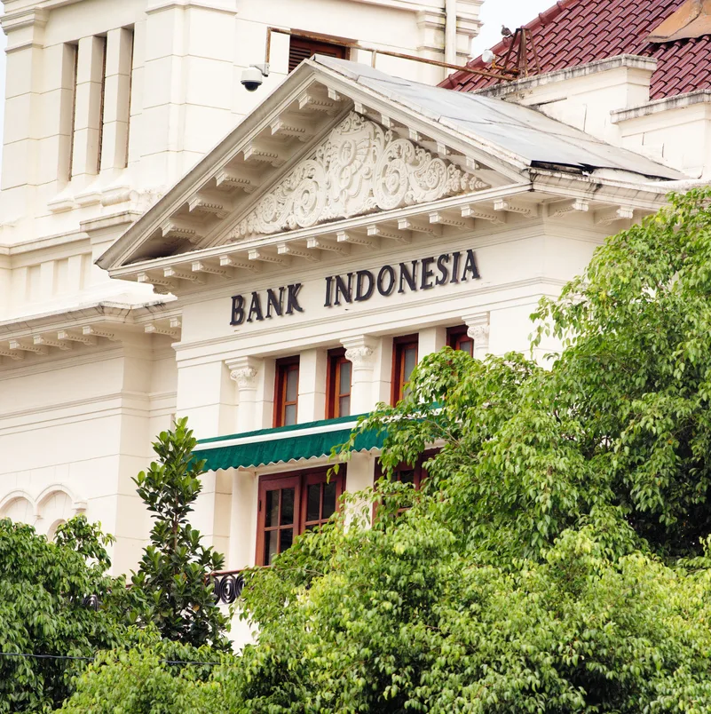Colonial building hosting bank of Indonesia with sign