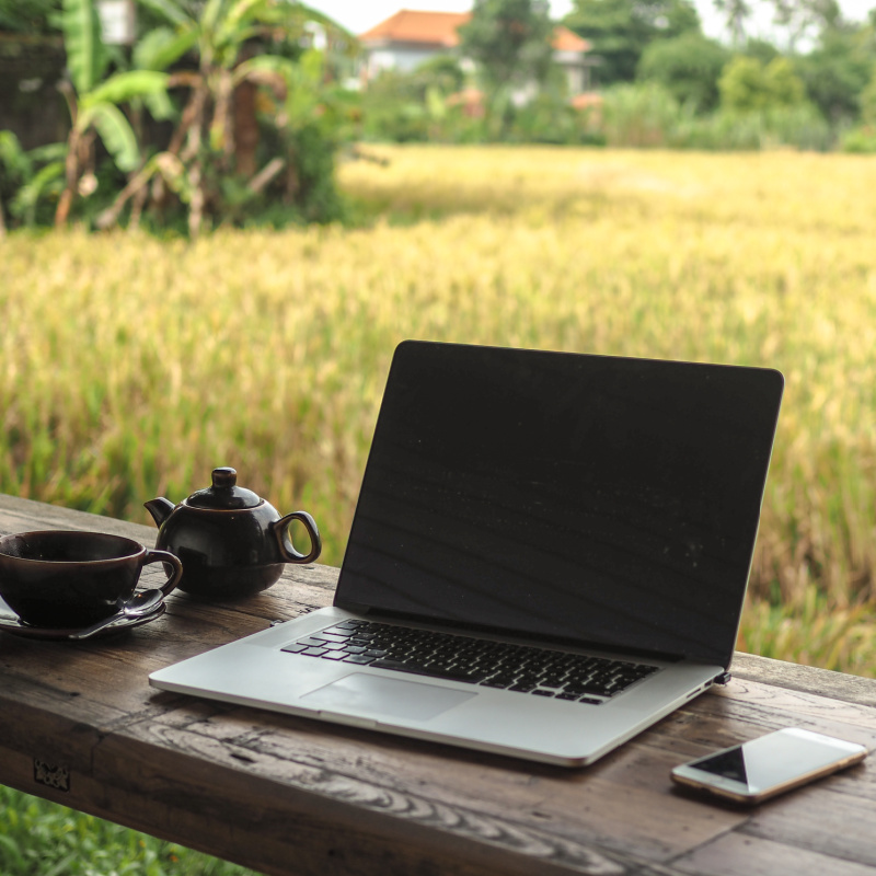 A-laptop-sits-on-a-table-overlooking-Bali-rice-feild