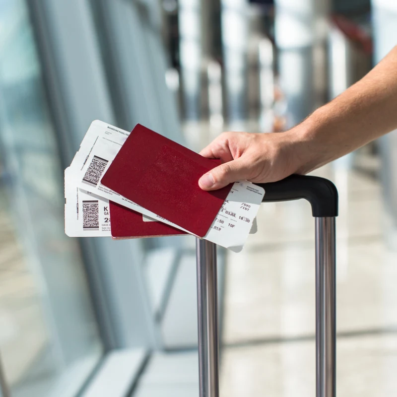 Hand-Holding-Two-Mauve-Passports-And-Luggage-Holdall-Handle