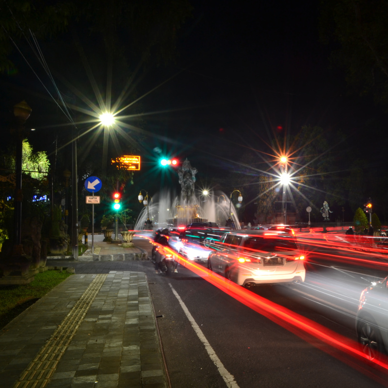 Traffic-Stops-At-Red-Light-On-Bali-Street-At-Night