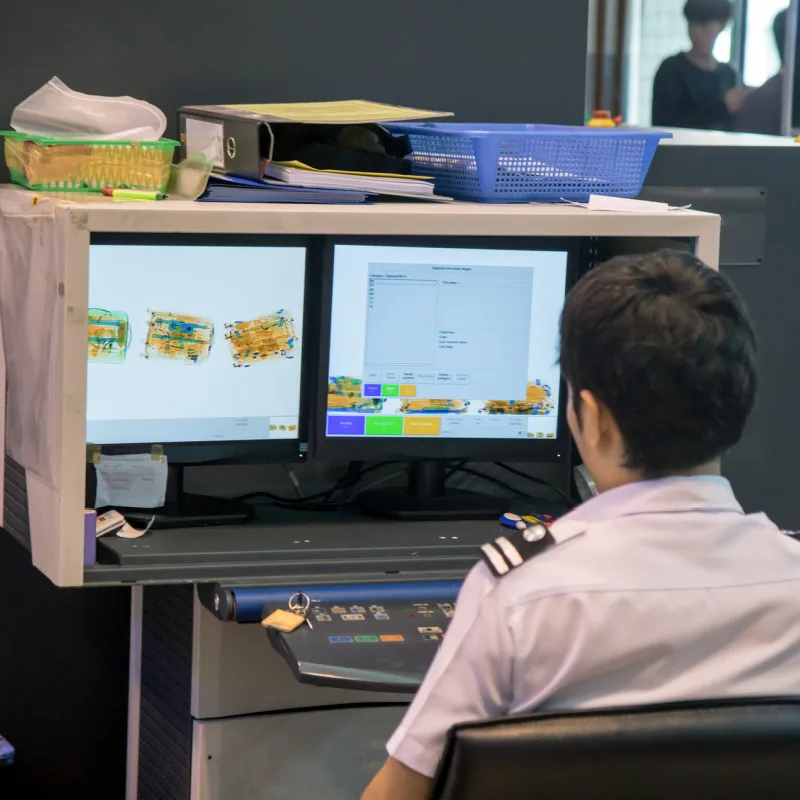 Customs-Officer-Looks-At-X-Ray-Screen-Of-Luggage-In-Airport