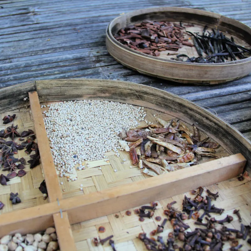 Traditional Bali Herbs On a Woven Tray.