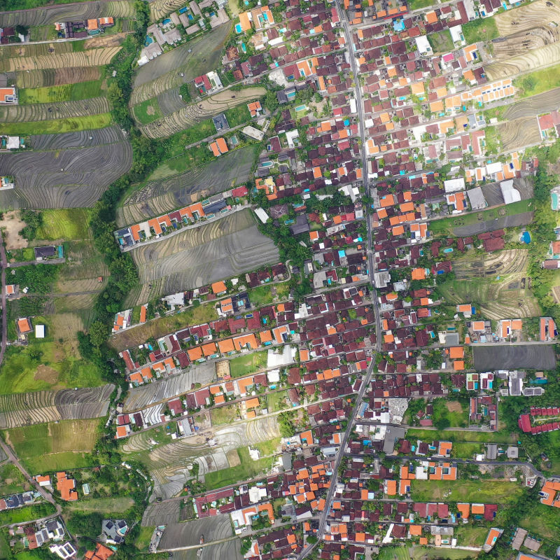 Ariel View Of Bali Villages And Roads.