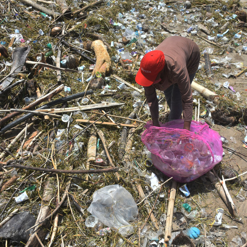Bali Waste Management Worker Cleans Plastic Pollution From Bali Beach