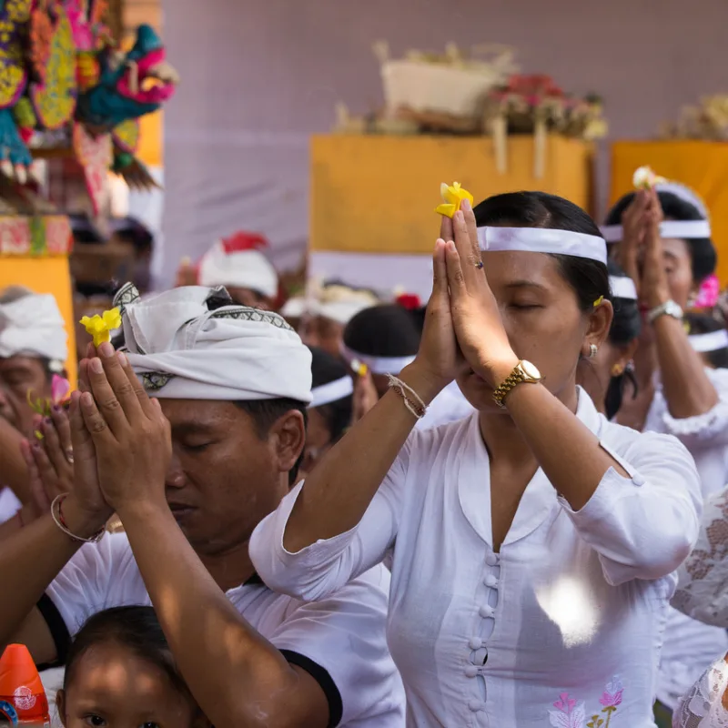Balinese Hindus Pray Together At Temple Ceremony.