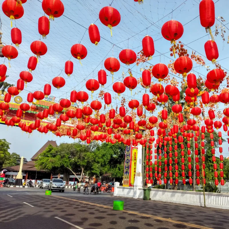 Chinese New Year Lanterns Hang Over Road In Indonesia