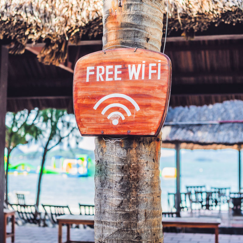 Free WiFi Sign At A Cafe Pinned To A Tree In A Coastal Beach Area 