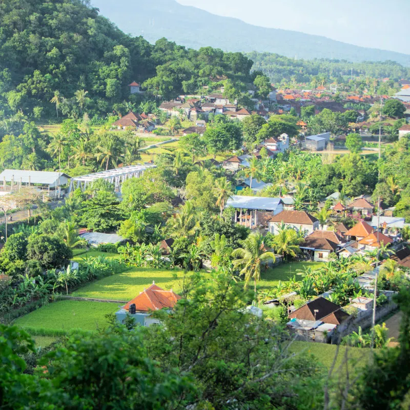 Landscape view of Bali Countryside with village homes and farm land