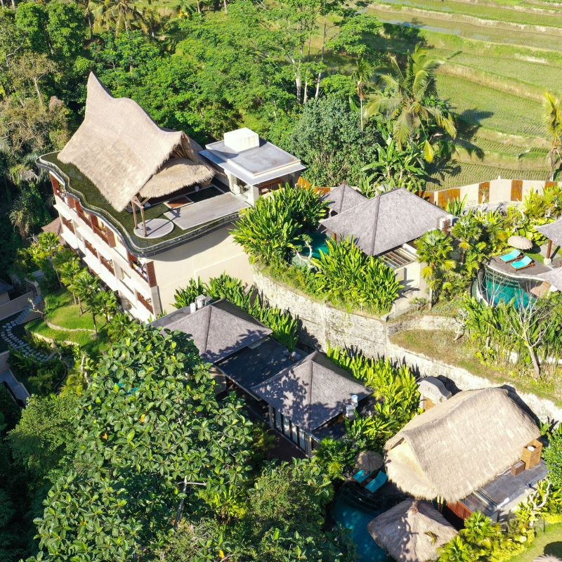 Luxury Hotel And Villas Built On Rice Paddy Fields Outside Ubud In Bali.
