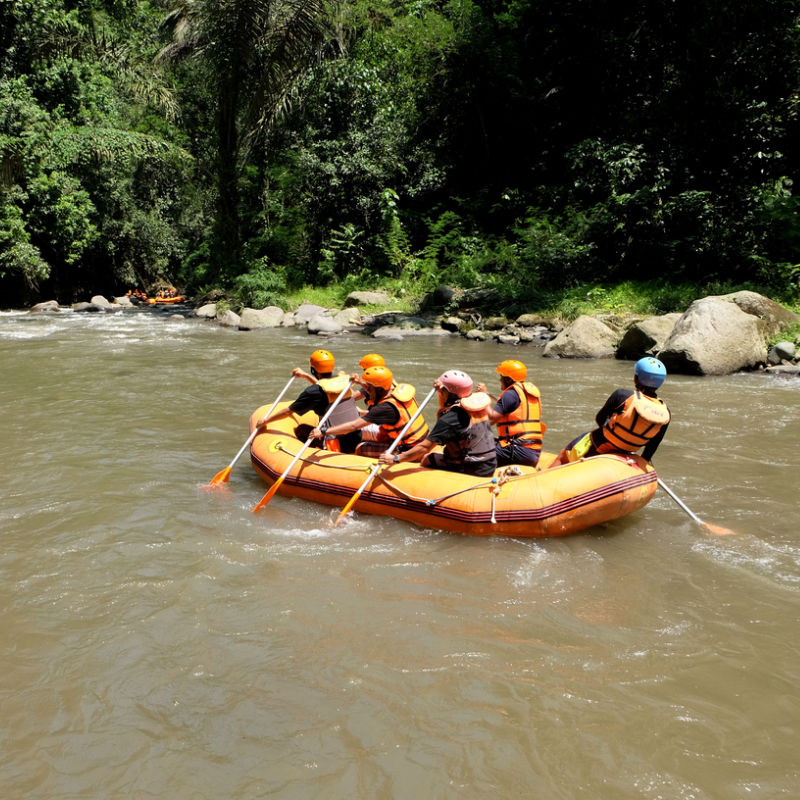 Orange Raft Carrying Tourists And A Guide Along Ayung River In Bali