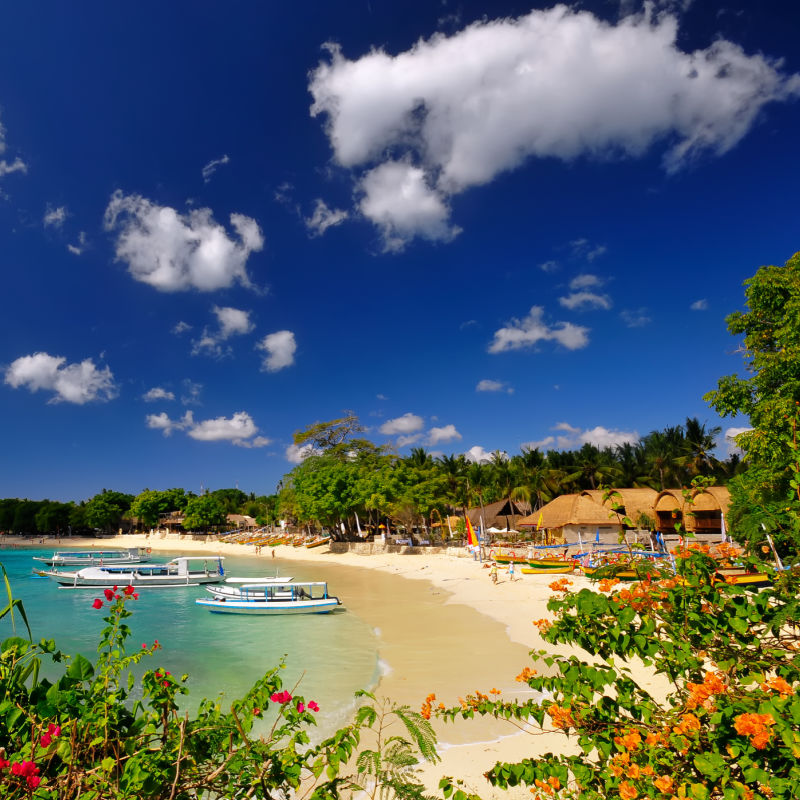Perfect Beach In Bali With Rustic Beach Huts Green Trees Blue Skies And Small Boats On The Water