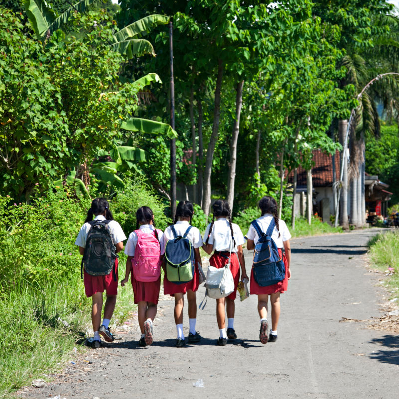 School Children In Bali Walk Down A Rural Road Away From Camera