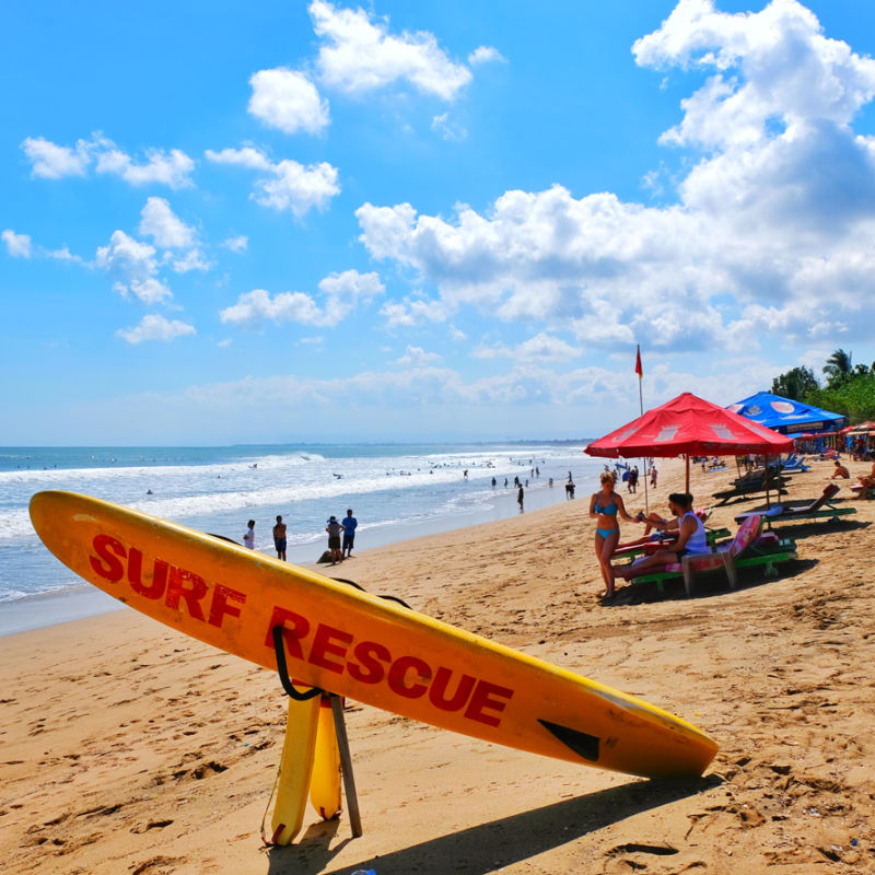 Surf Rescue Lifeguard Stall On Kuta Beach In Bali On A Sunny Bright Day.