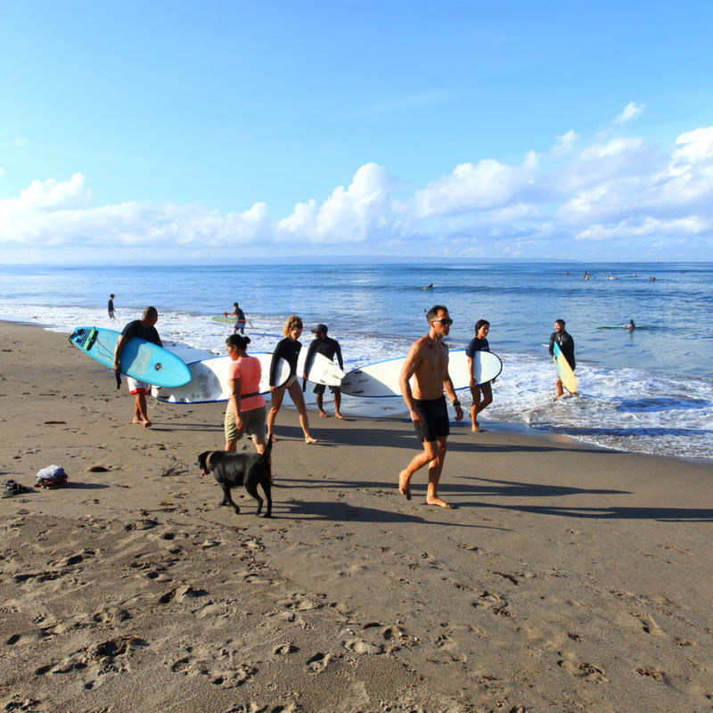 Tourists Walk Towards Ocean For A Surf Lesson In Bali Canggu