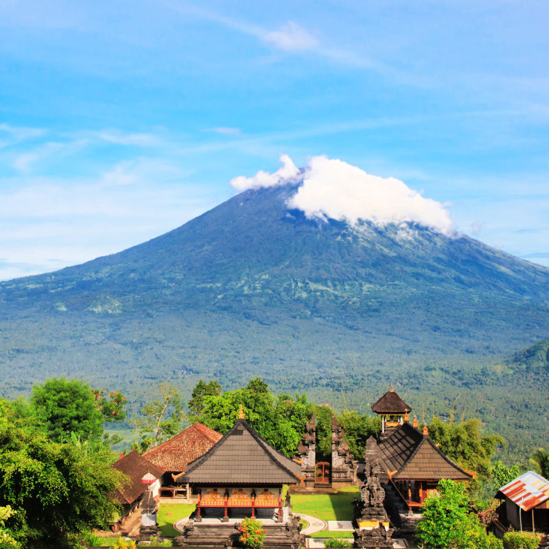 View Of Mount Agung in Bali From Local Traditional Temple.