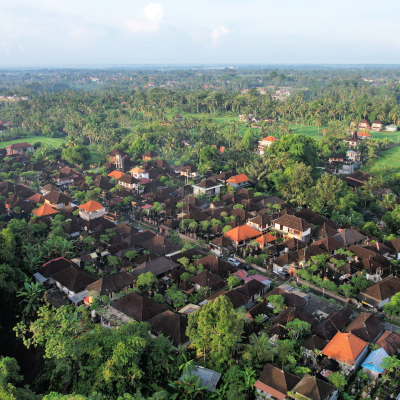 Ariel-View-OF-Hotels-And-Villages-In-Bali-Countryside-Rural-