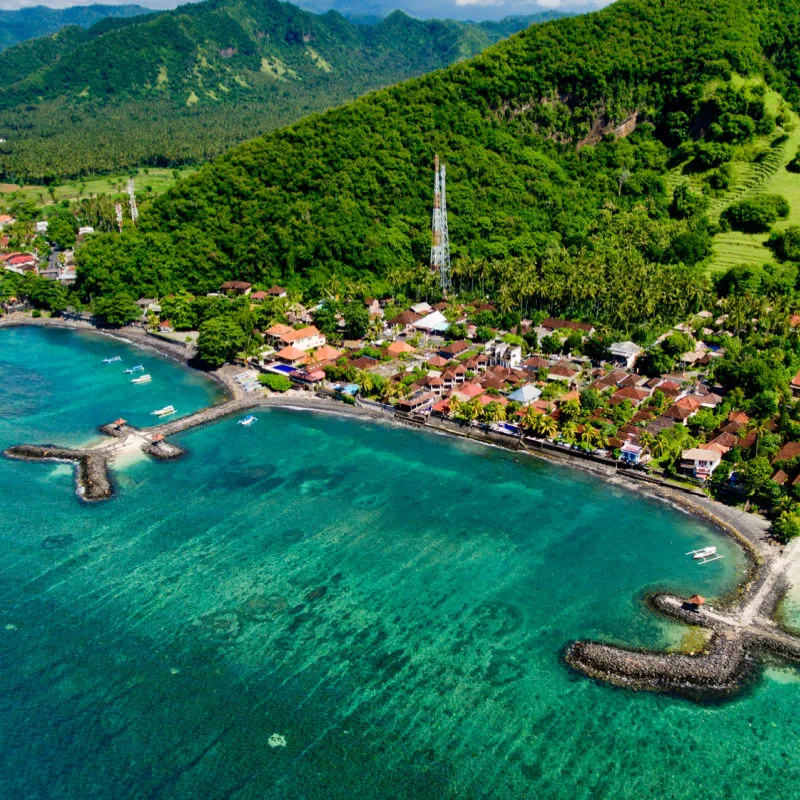 Ariel View Of Coastal Hotel Resort Town In Rural Bali