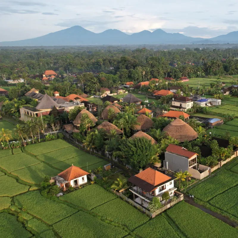 Ariel View Of Rural Bali With Hotels and Villages  In Countryside