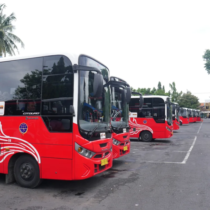Red Buses Parked In A Line At Kuta Central Parking Station In Bali.