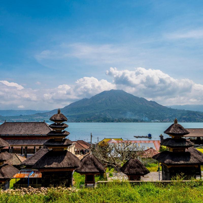View Of Mount Batur From Lake Batur And Temple Village In Bali