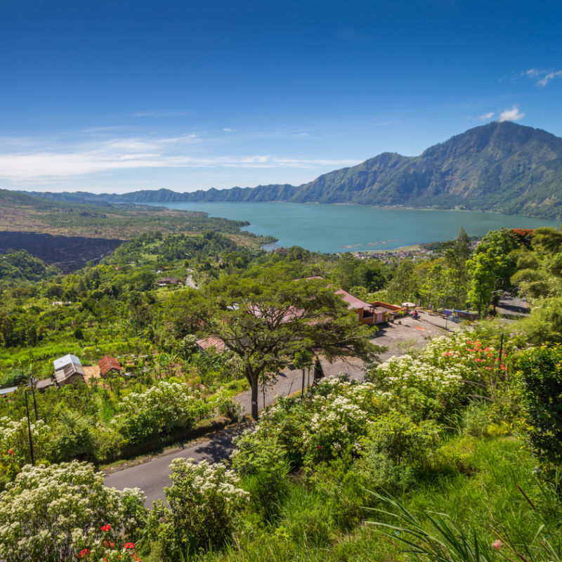 View-Off-Lake-Batur-and-Mount-Batur-Surrounded-By-Forest-Jungle-nature-in-Bali
