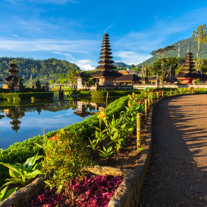 View of Pura Ulun Danu Beratan With Pathway For Tourists To Walk Along