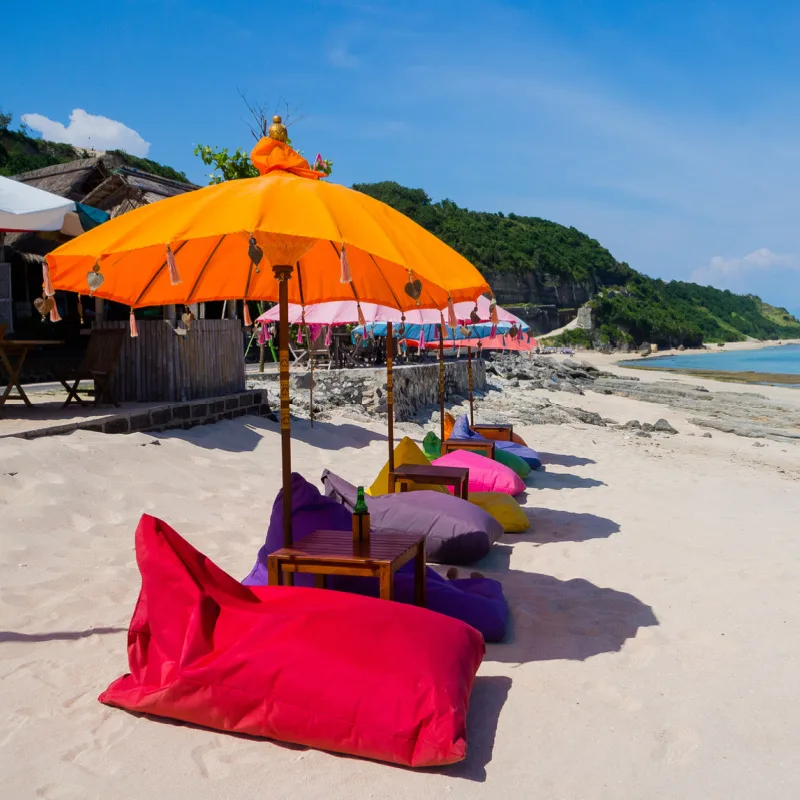 Beach Beanbags and Sun Umbrellas on Pandawa Beach in Bali