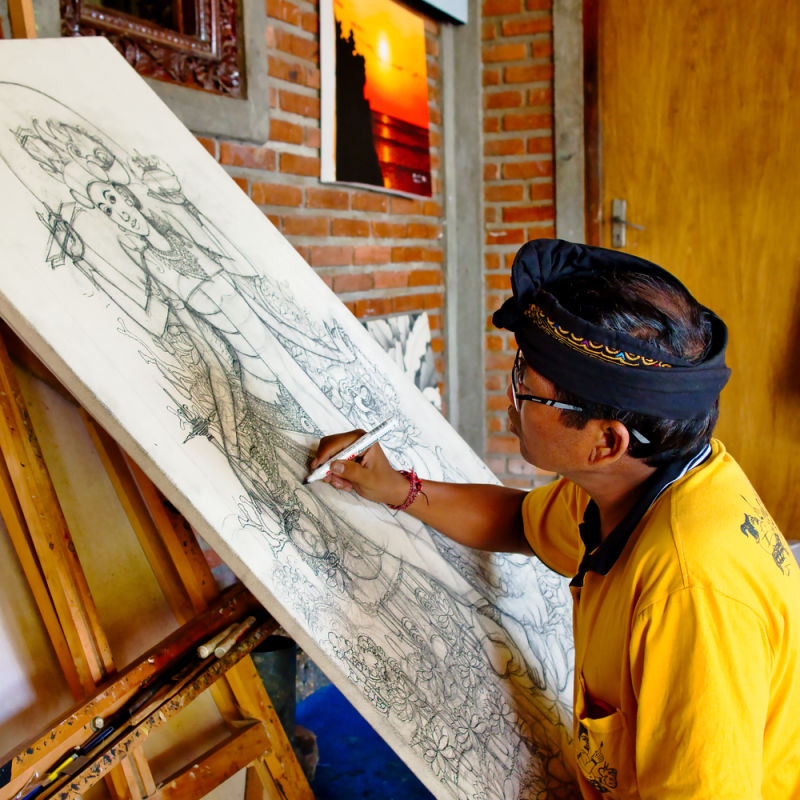 Bali Artist Painter Works On Canvas.
