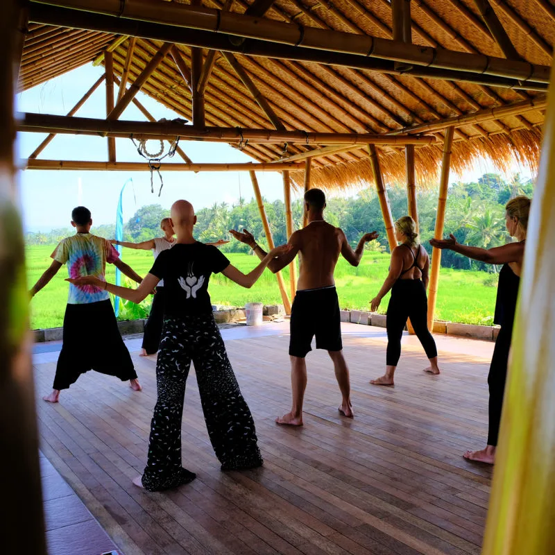 Tourists in Bali Do Yoga Tai Chi Qi Gong Exercise