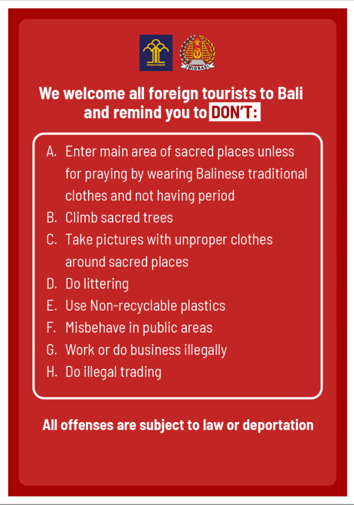 Bali Rules For Tourists Don'ts