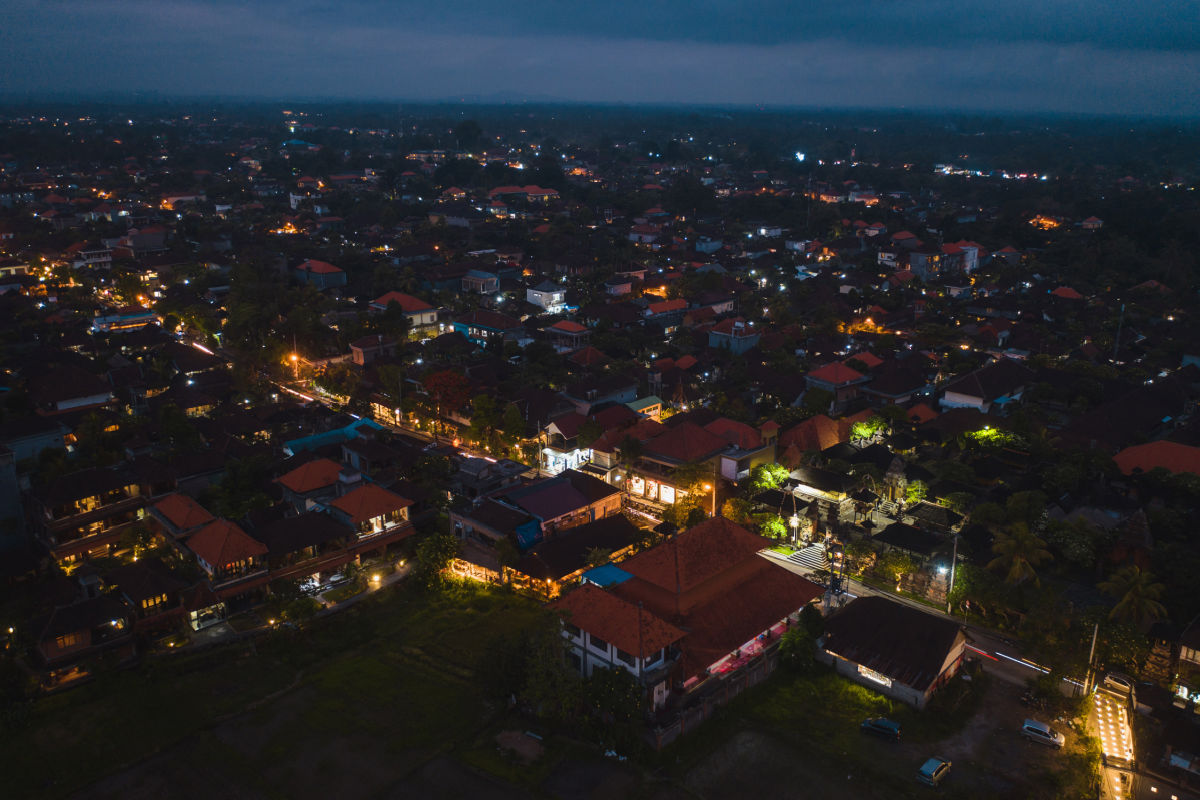 Ubud At Night Lights Are Birght in The Bali Tourist Town Landscape Airel View.jpg