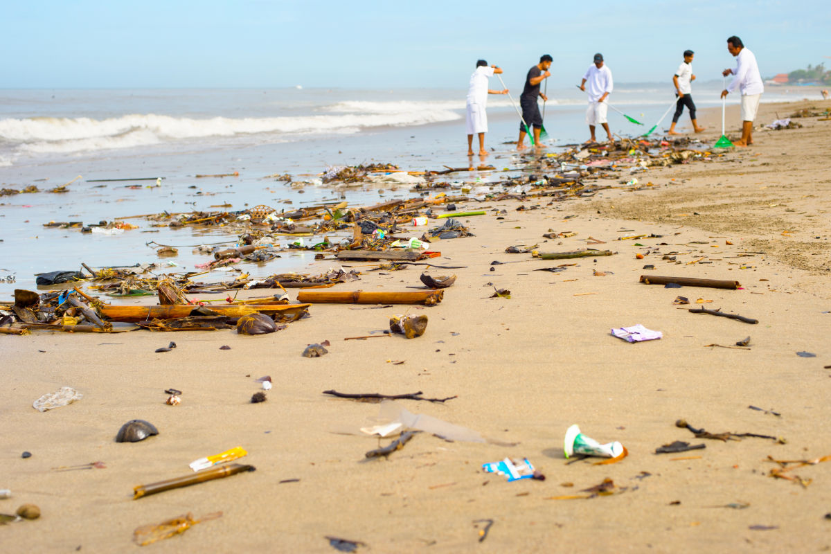 plaża Zespół sprzątający plażę Bali Kuta usuwa kosz.jpg