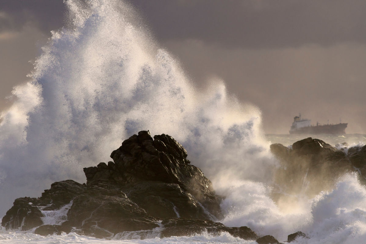 Sea Wave Crash on rocks in bad weather storm