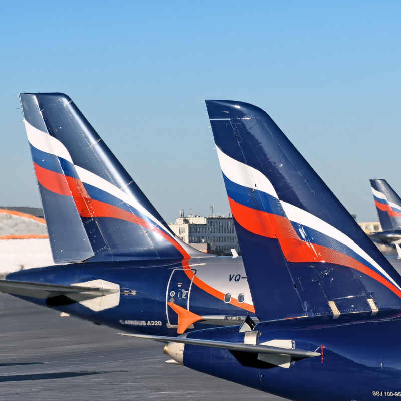 Russian-Commerical-Airplanes-Lined-Up-at-Airport