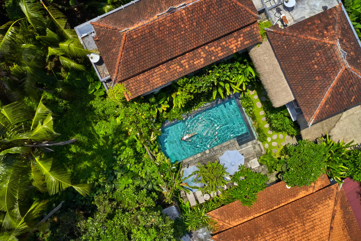 Birdeye View Of Bali Villa And Pool With Jungle Garden.jpg