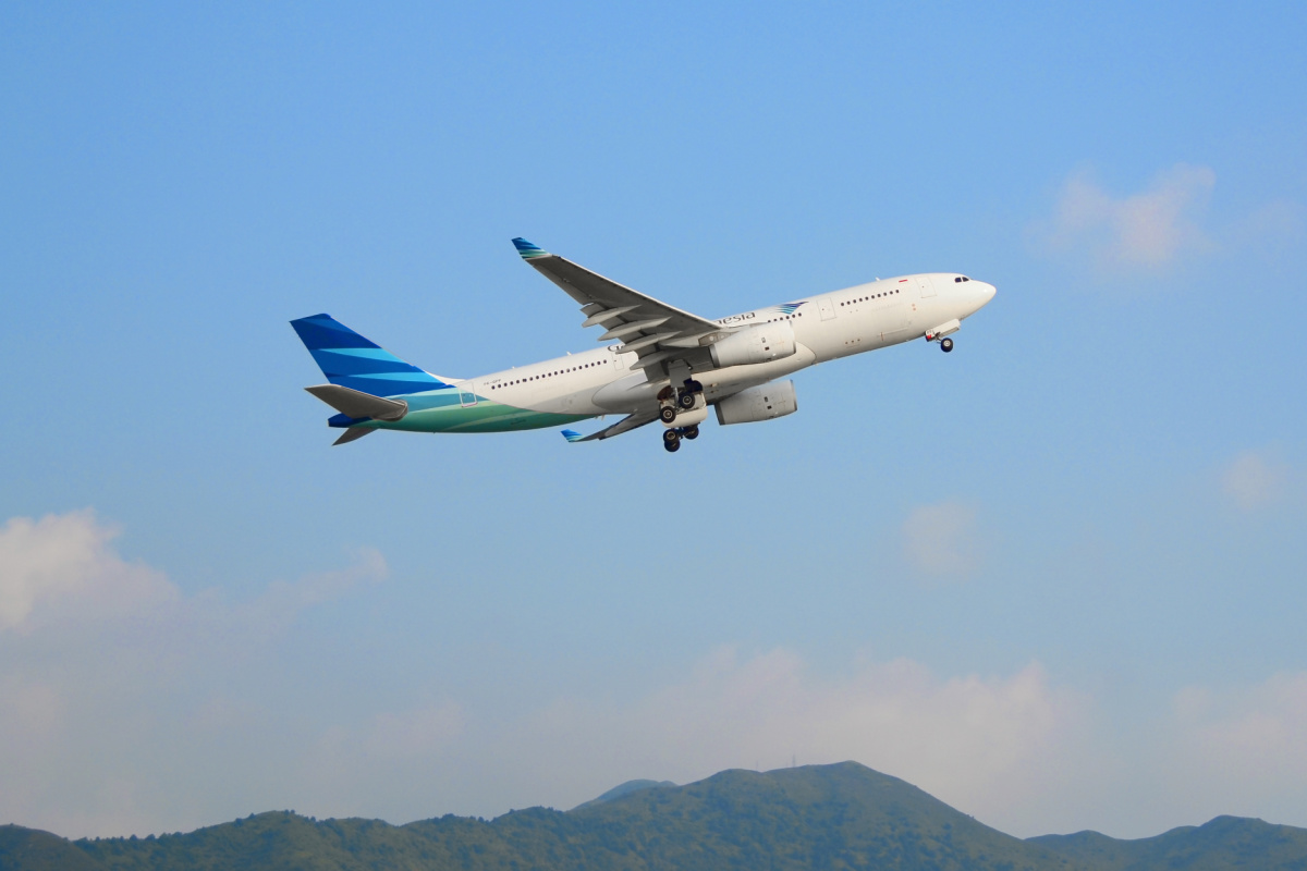 Garuda plane takes off from the airport.