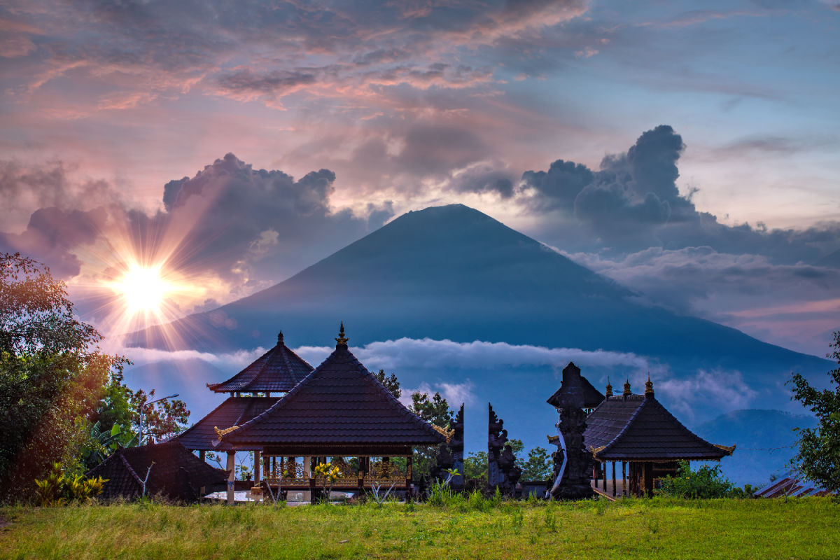 Mount Agung With Temple and Rice Paddie In Bali.jpg