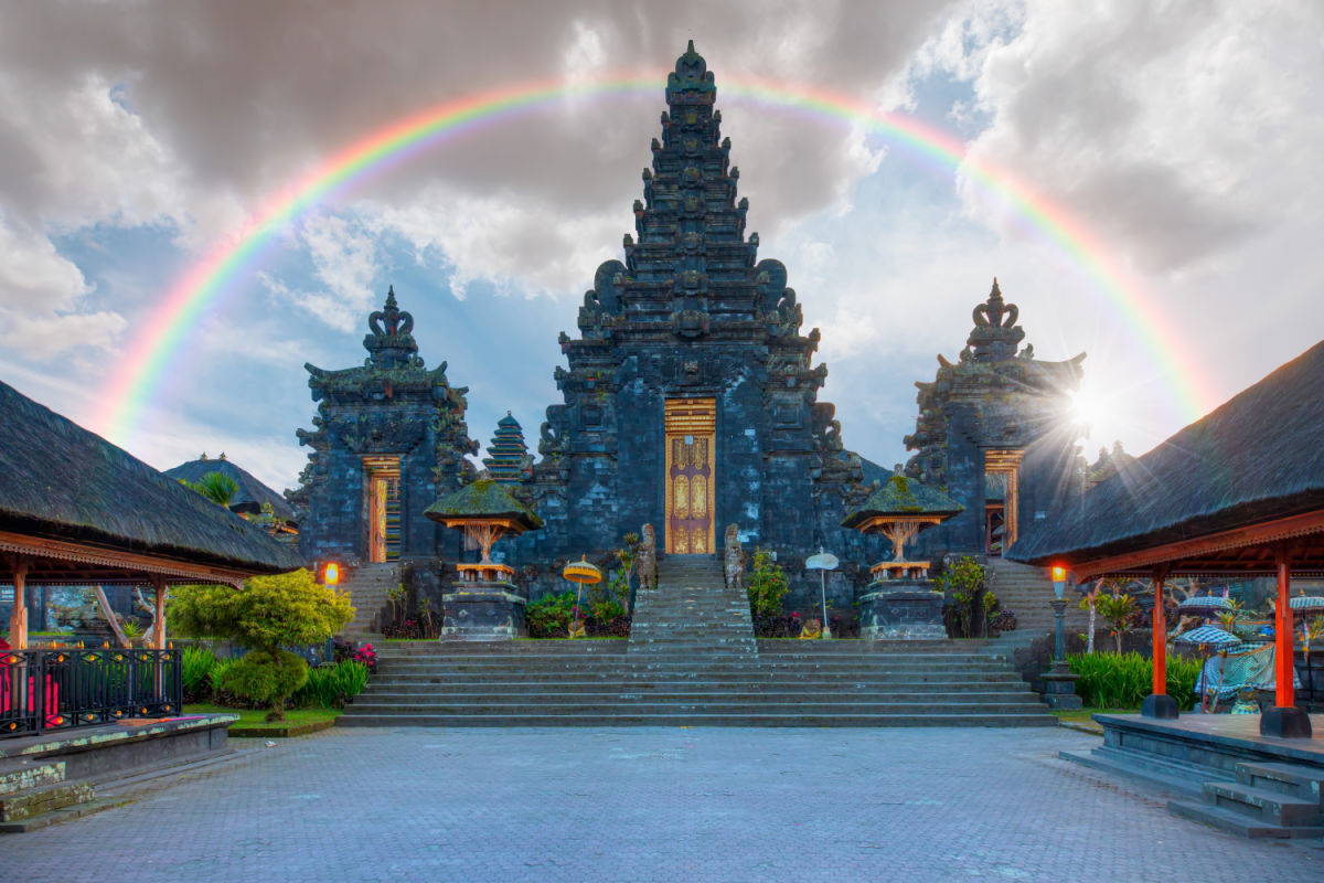 Rainbow over Pura Besakih Temple Bali