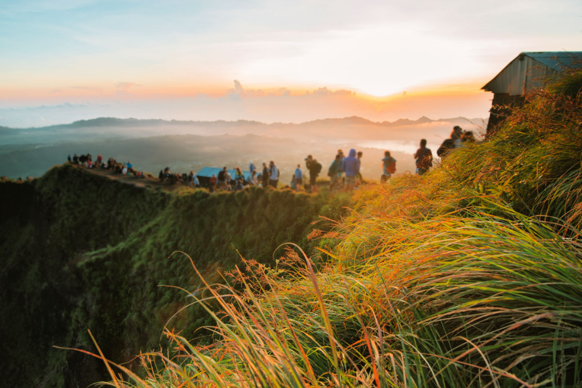 Hikers on Mount Batur Ridge in Bali