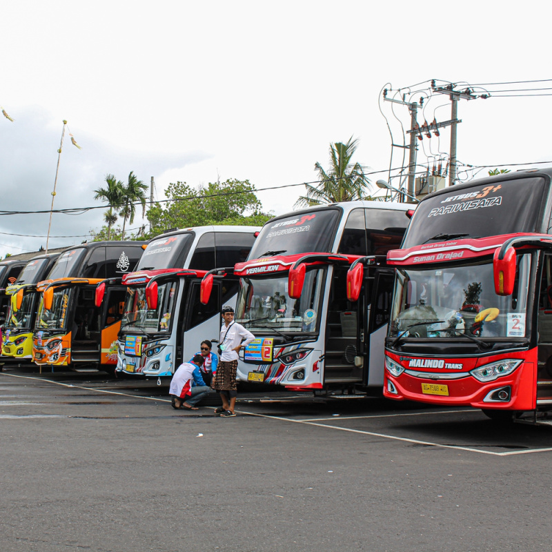 Buses-Line-Up-In-Car-Park-in-Bali