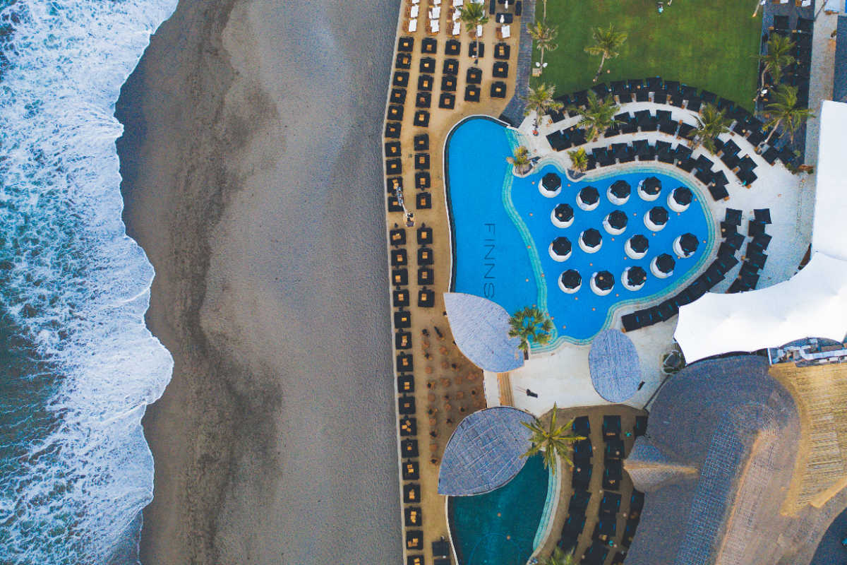 View of Finns Beach Club and Berawa Beach from above