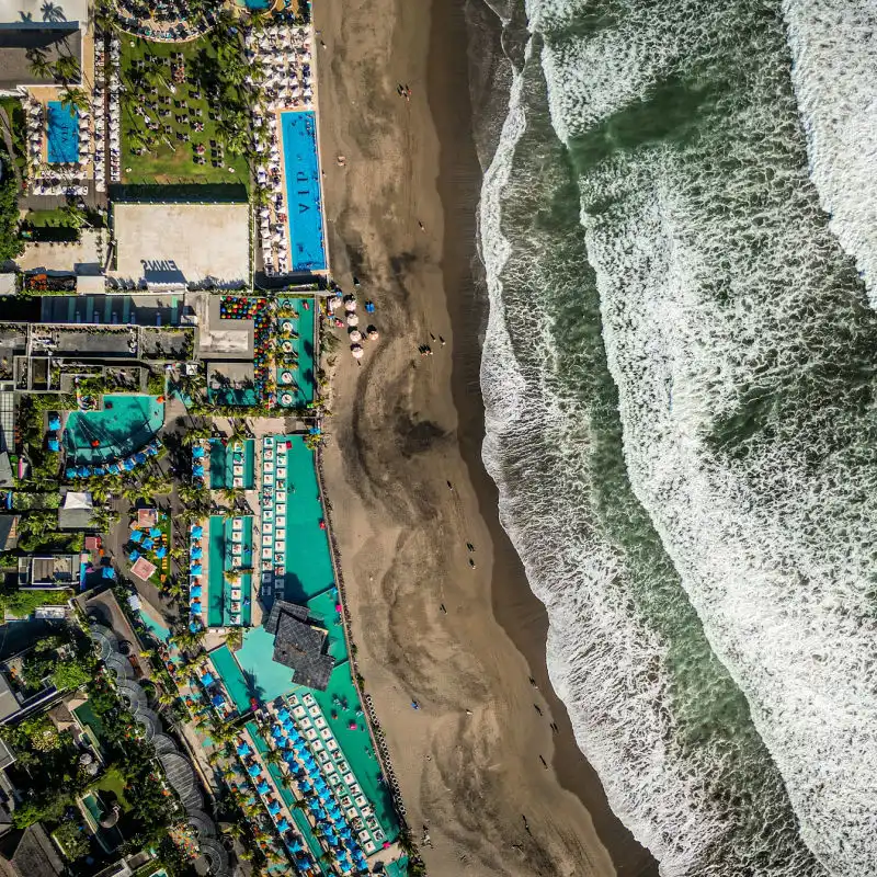 View of Finns Beach Club and Berawa Beach in Canggu Bali