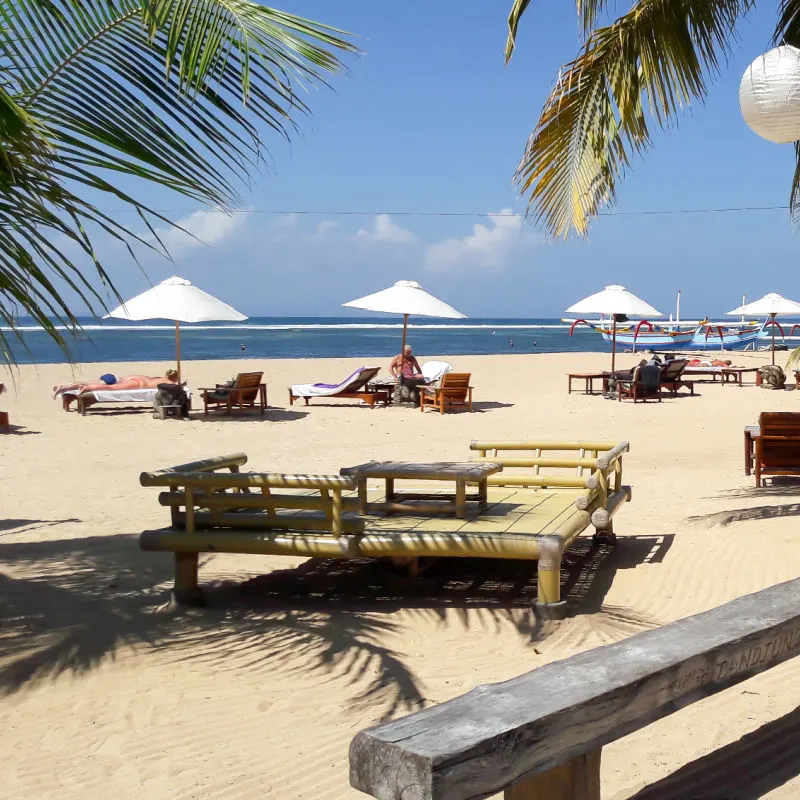 Sanur Beach Palm Trees and Sun Loungers