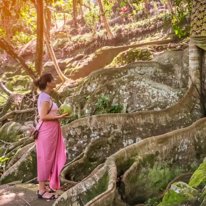 Woman Stands by Tree In Goa Gajah Temple Complex
