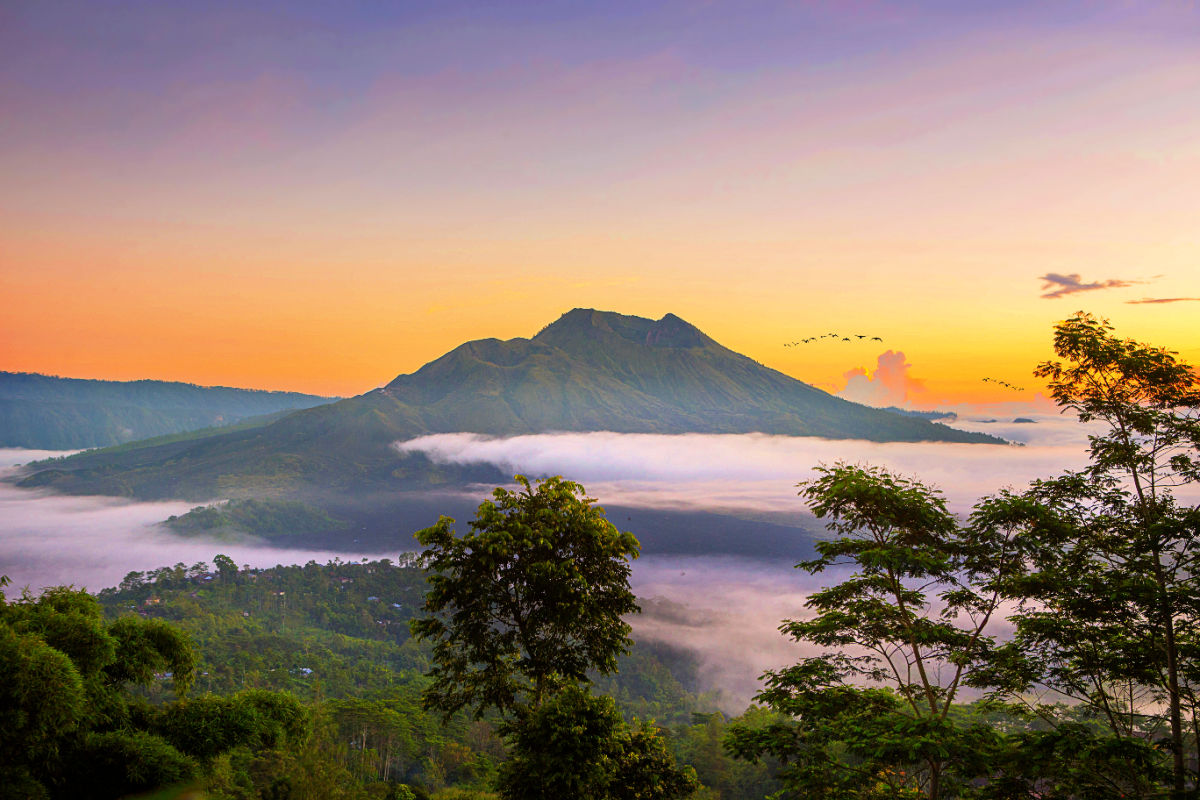 Sunrise View Over Kintamani Pinggin Village in Bali Mount Batur