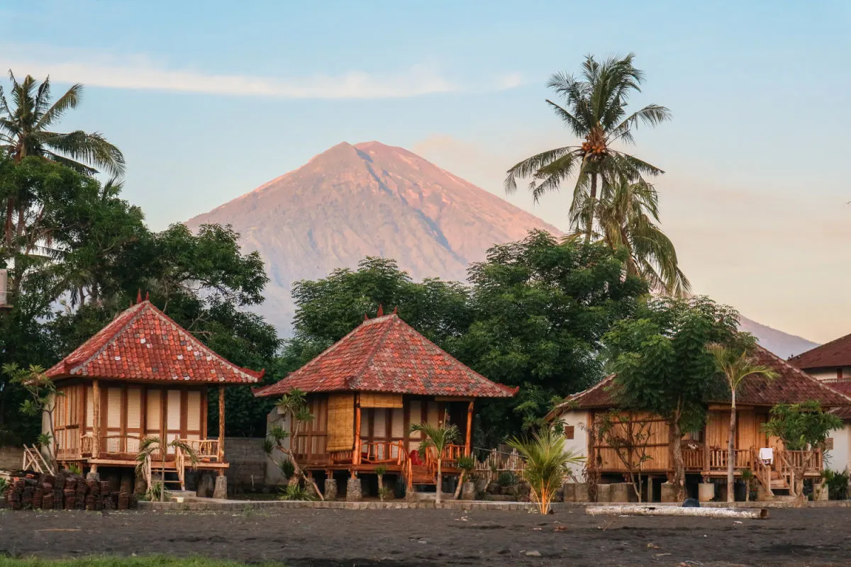 Beach Huts Close To Amed With Mount Agung In Background in Karangasem Regency East Bali.jpg